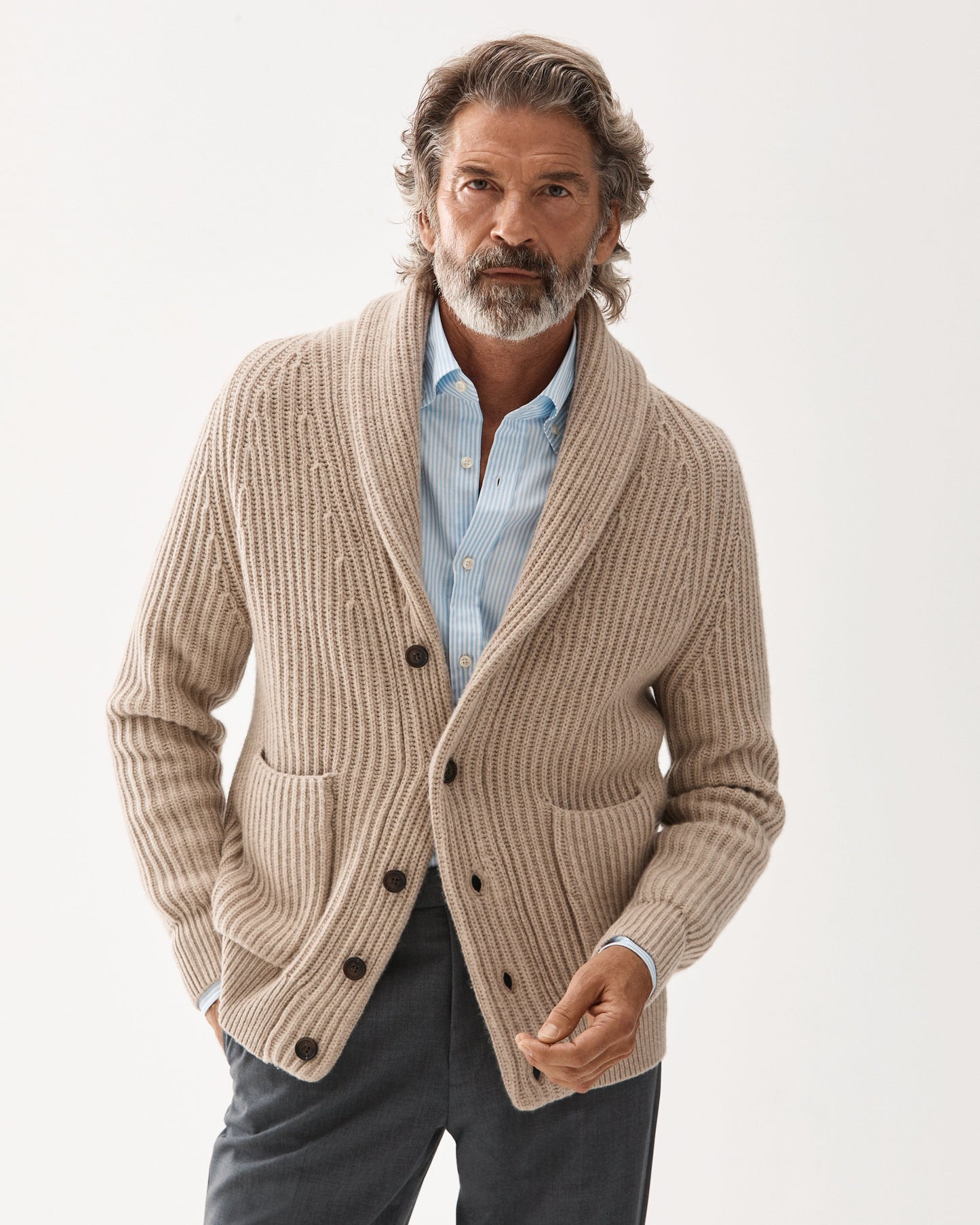 Shawl Collar Cardigan Kashmir Beige