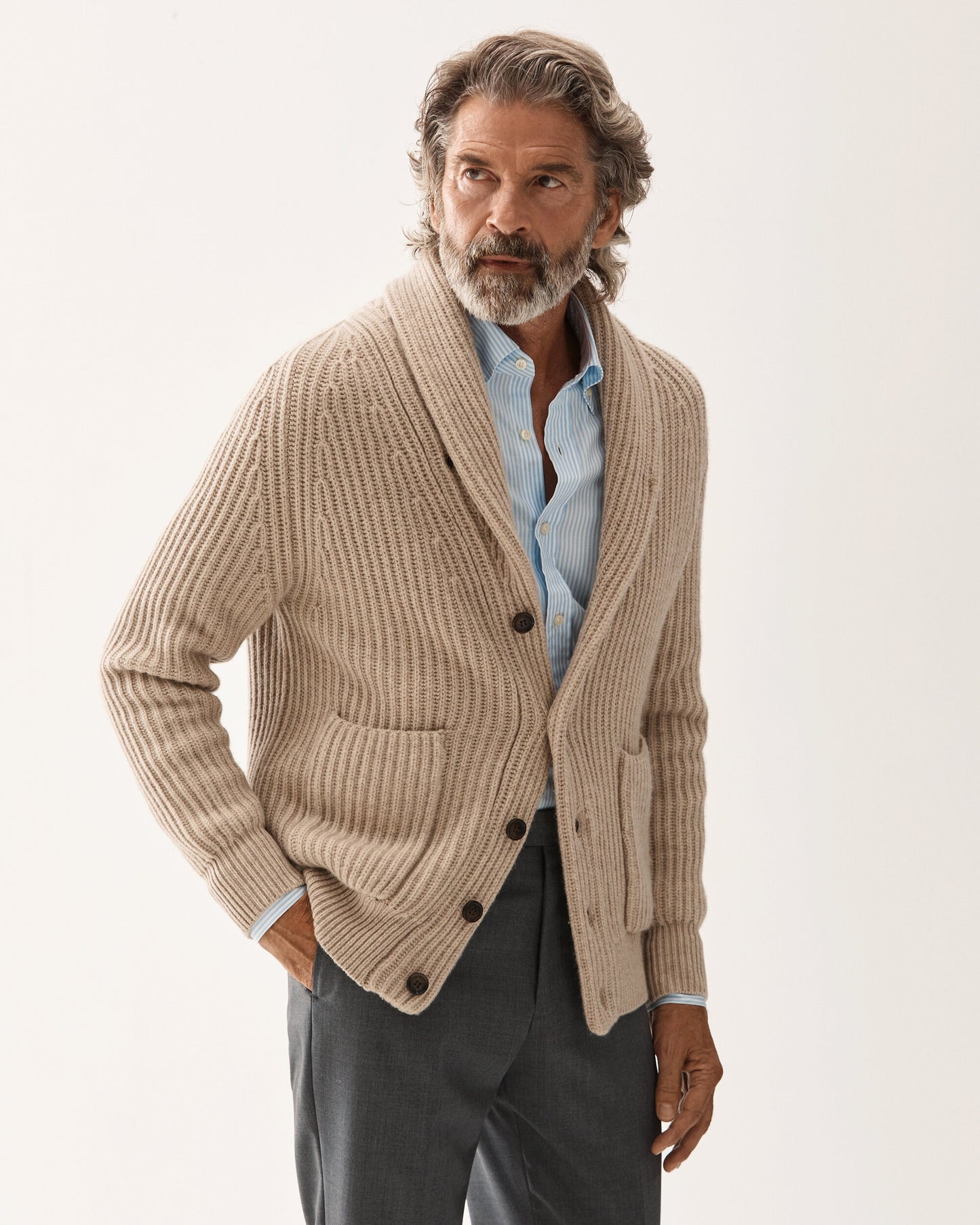 Shawl Collar Cardigan Kashmir Beige