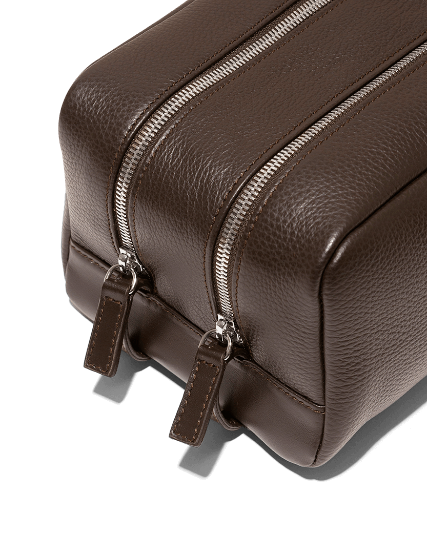 Calf Leather Wash Bag Double Compartment Brown