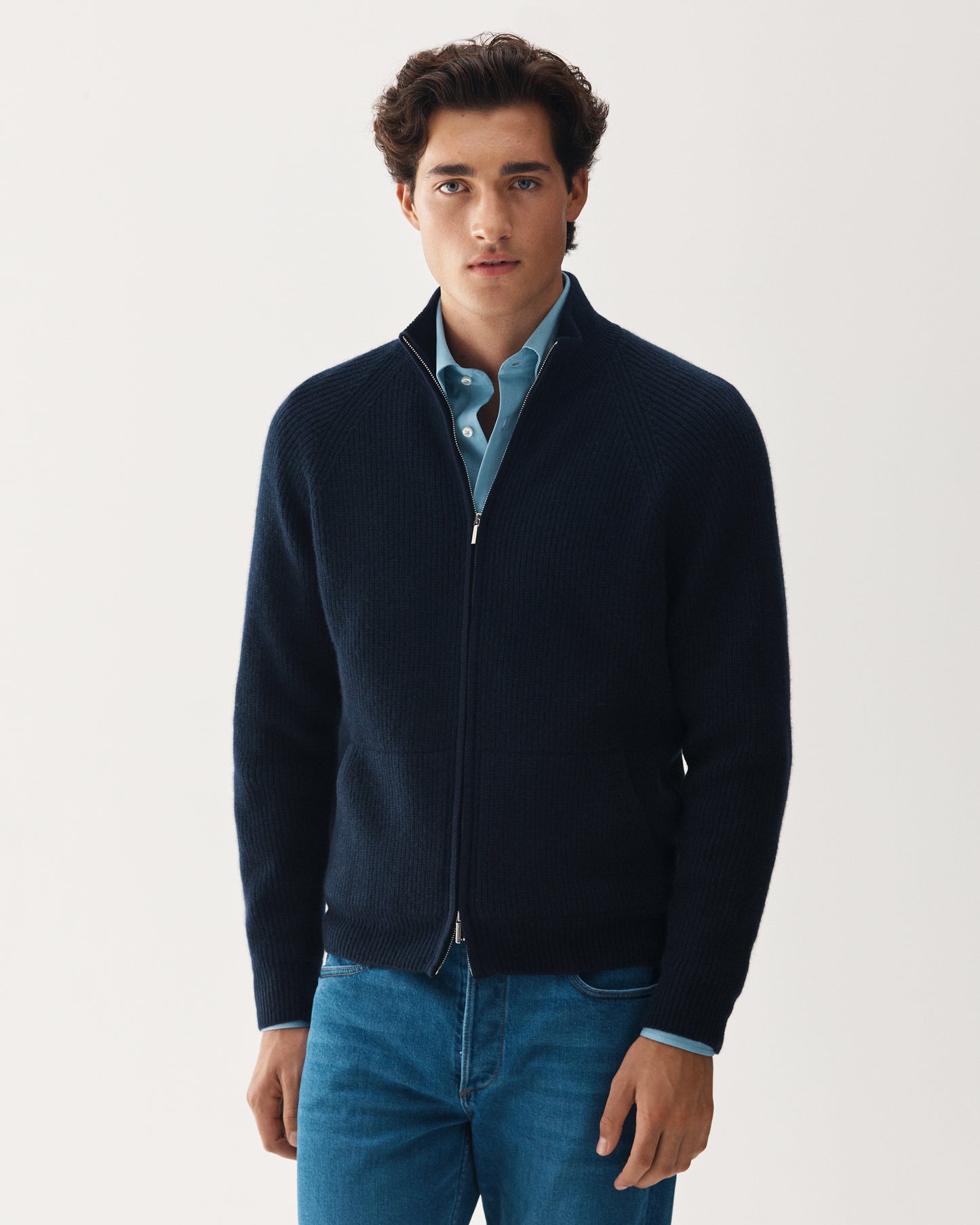 Full-Zip Raglan Cashmere Sweater Navy