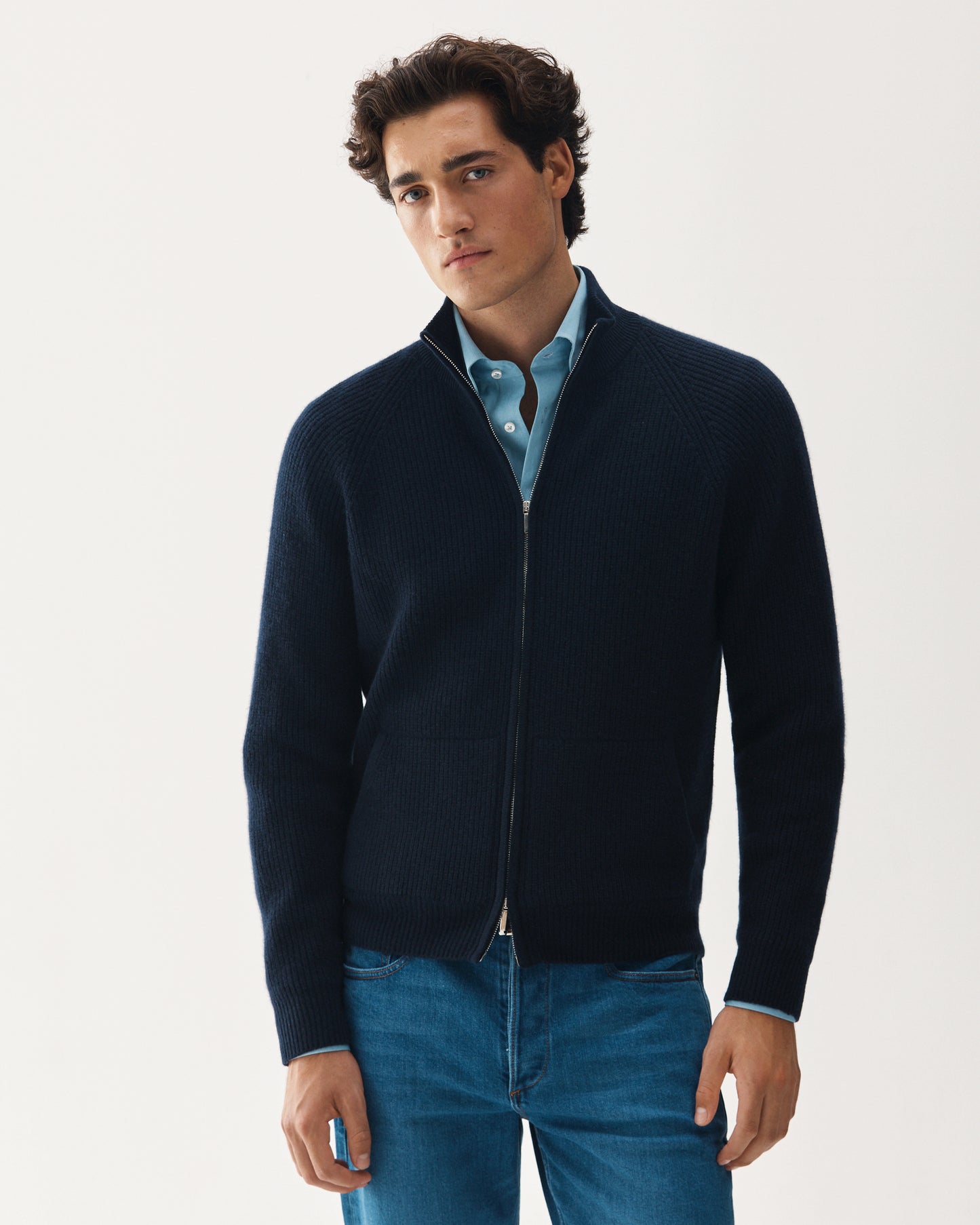 Full-Zip Raglan Cashmere Sweater Navy