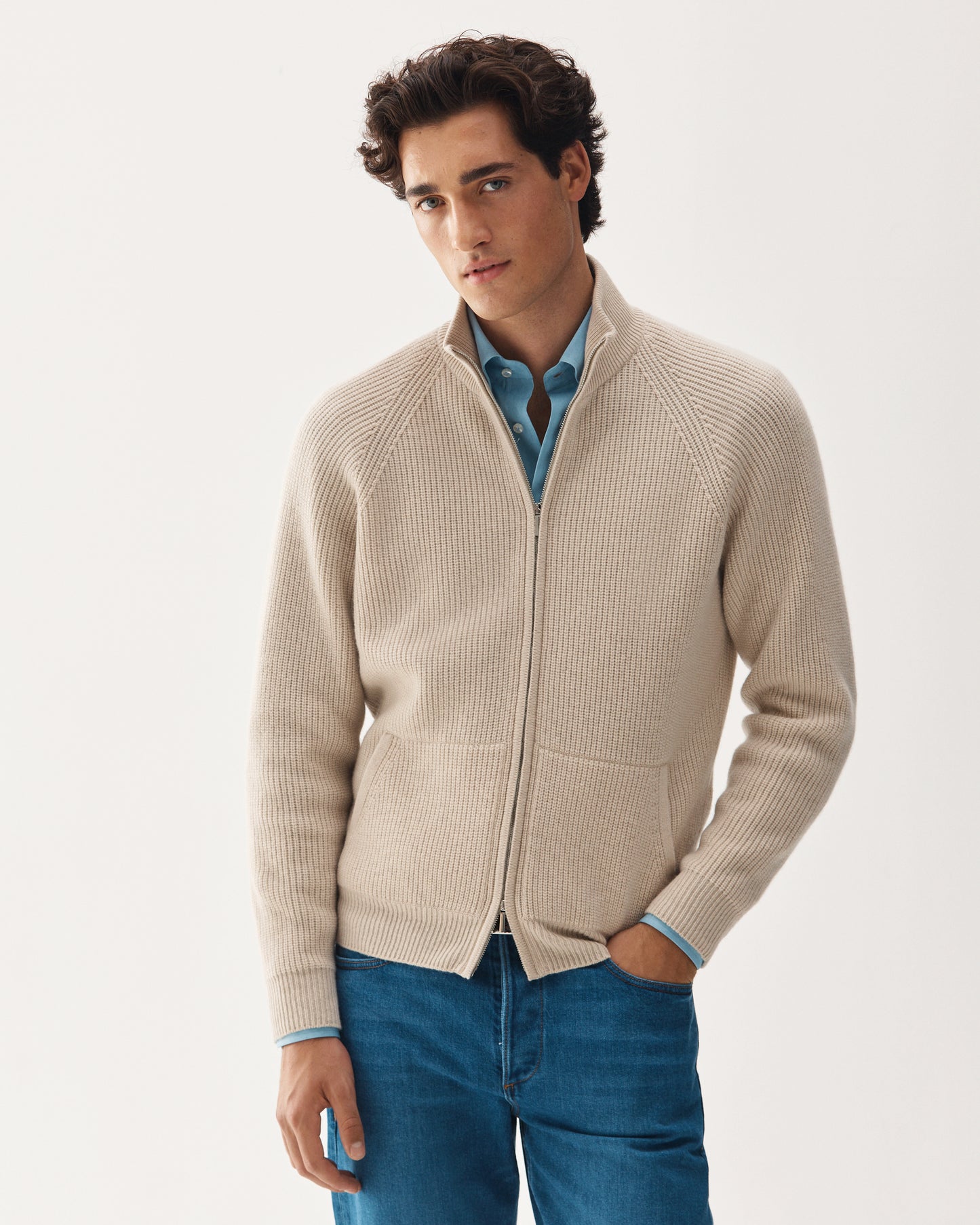 Full-Zip Raglan Cashmere Sweater Beige