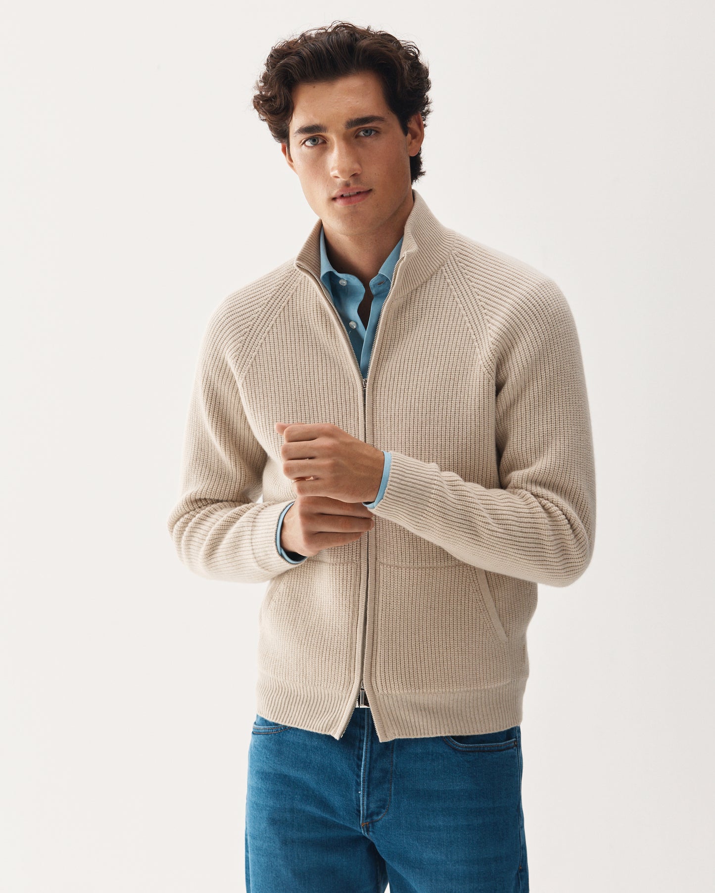 Full-Zip Raglan Cashmere Sweater Beige