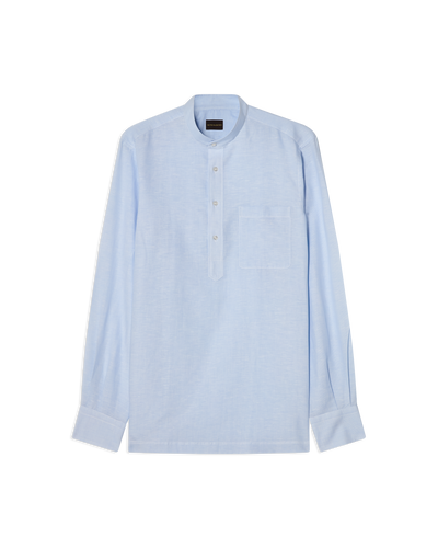 Linen Blend Mandarin Shirt Light Blue Hairline Stripe