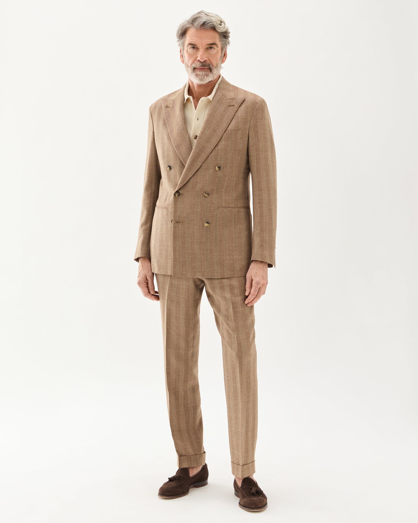 Double Breasted Herringbone Suit Brown