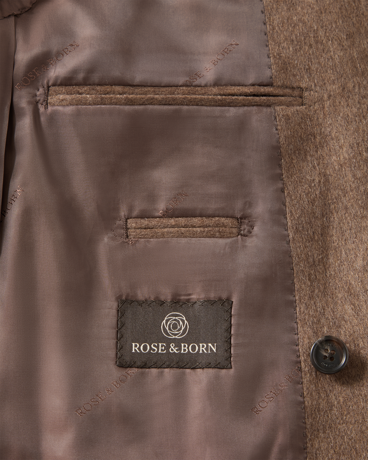 Double Breasted Cashmere Blazer Brown, lining and inside pocket with the Rose & Born label