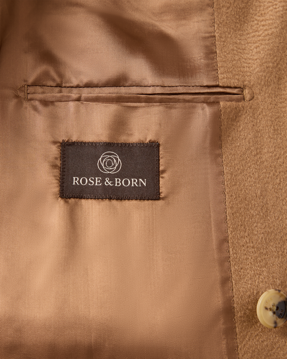 Double Breasted Cashmere Coat Camel, lining with the Rose & Born label