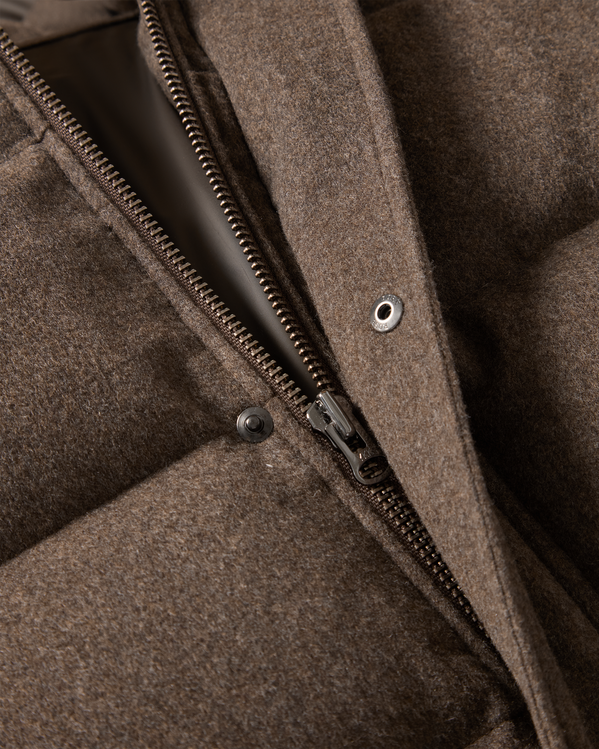 Explorer Down Parka Taupe, zip and snap placket