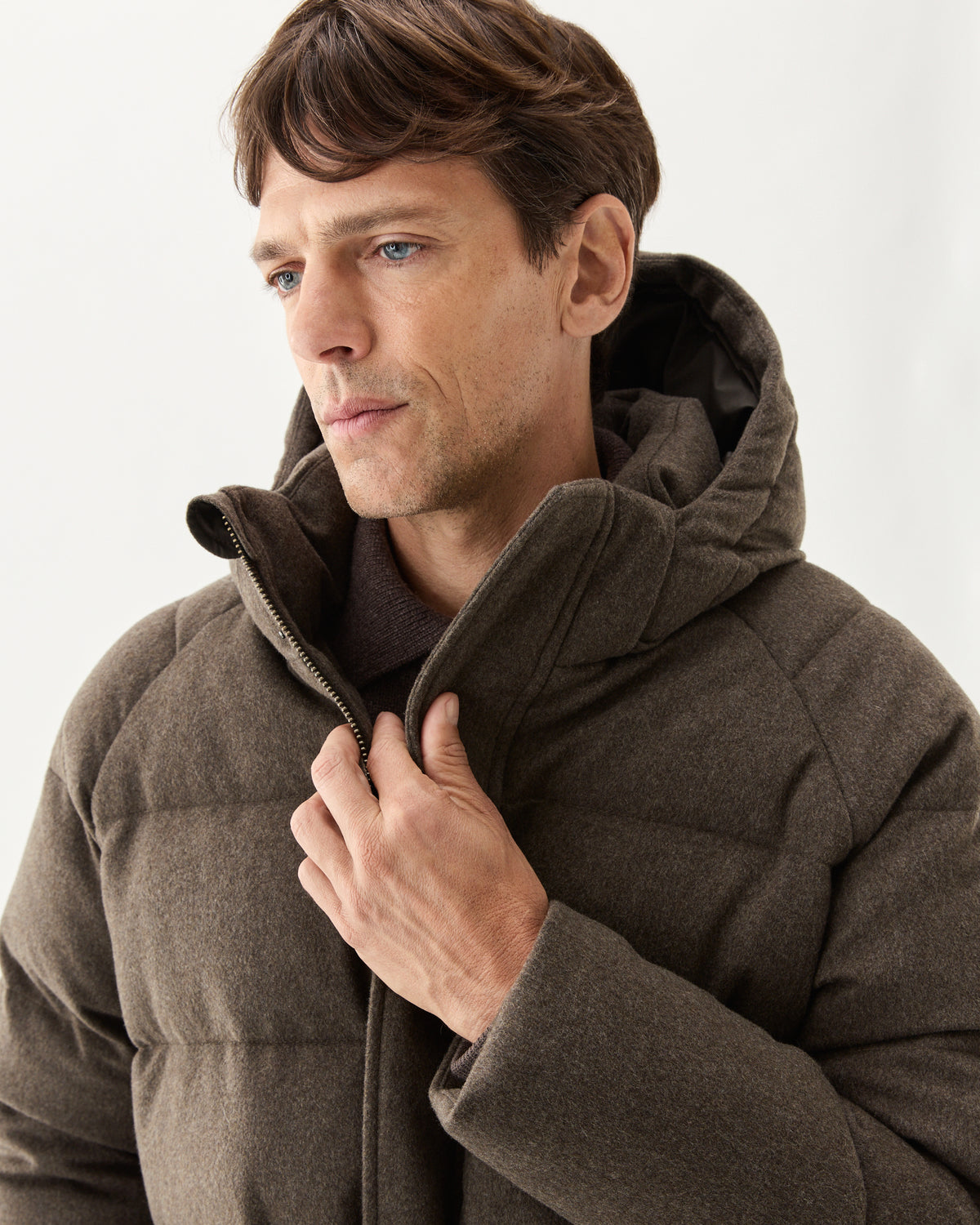 Explorer Down Parka Taupe, high collar and hood, close-up