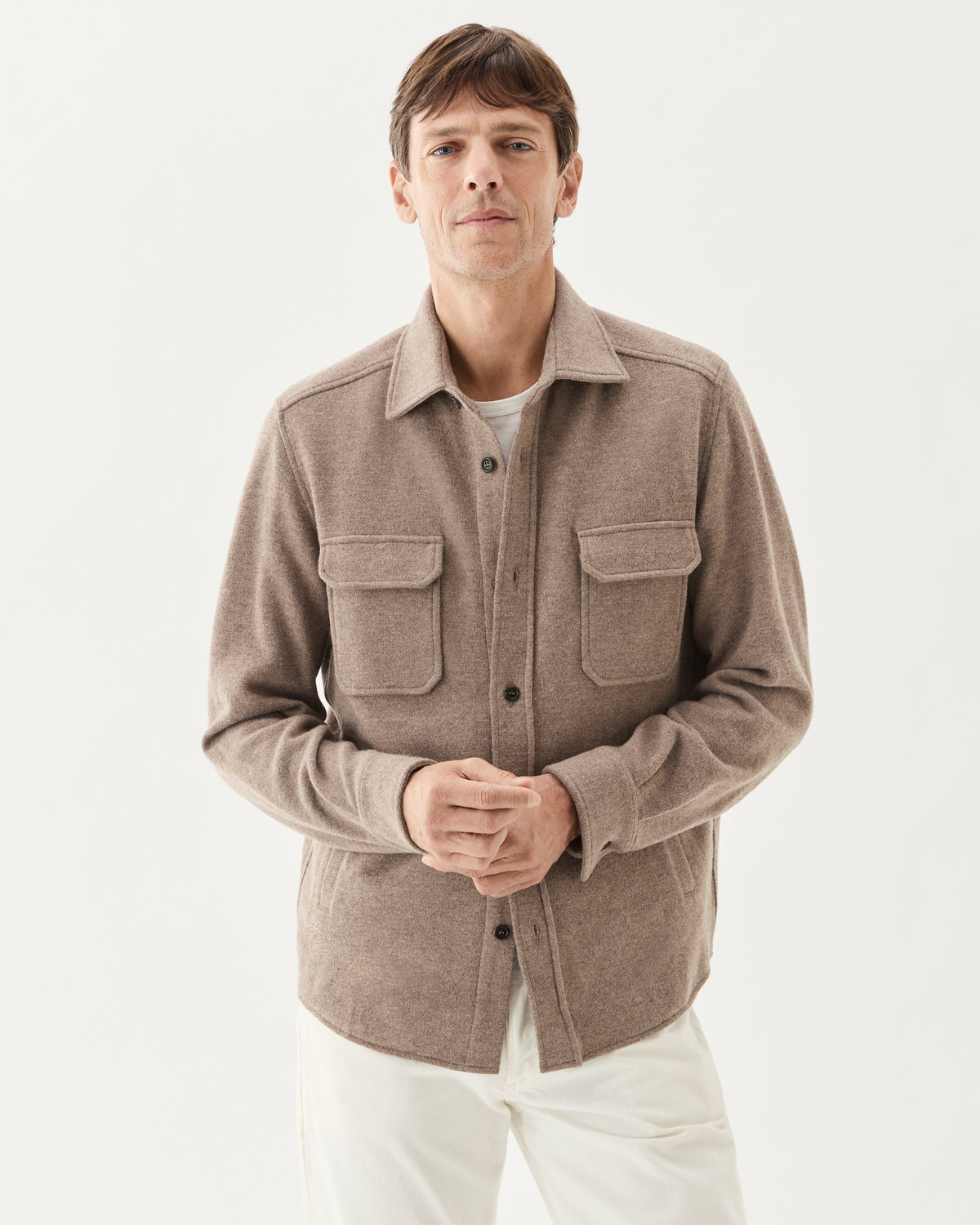 Knitted Wool Overshirt Taupe, worn with white trousers