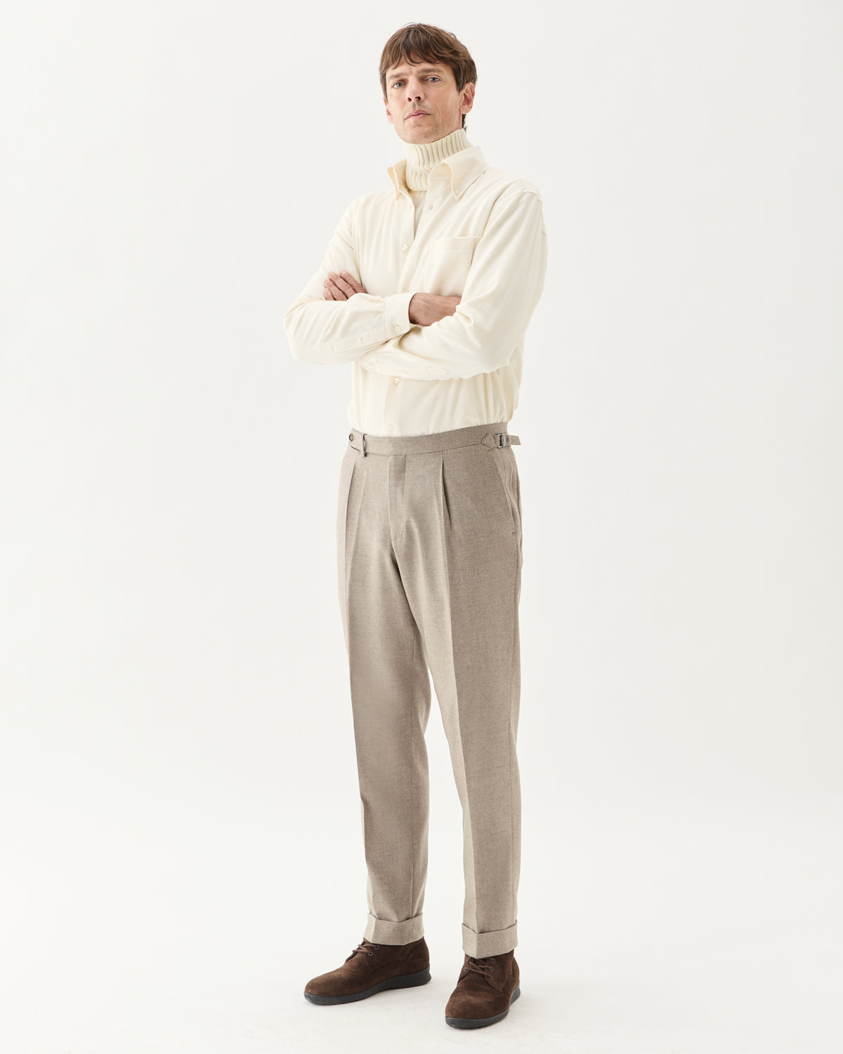 Wool Cashmere Trousers Taupe, worn with a cream turtleneck