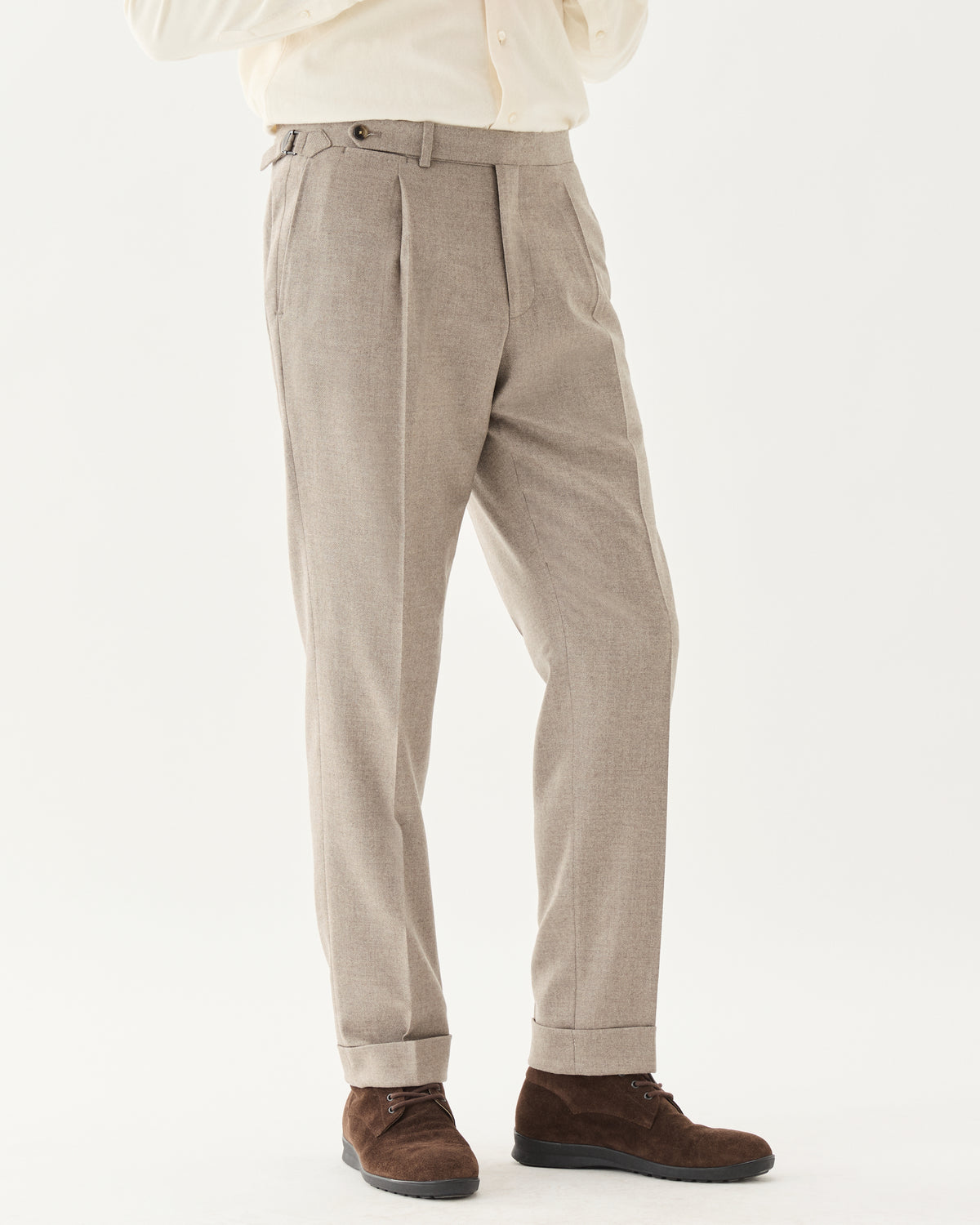 Wool Cashmere Trousers Taupe, worn with brown suede shoes