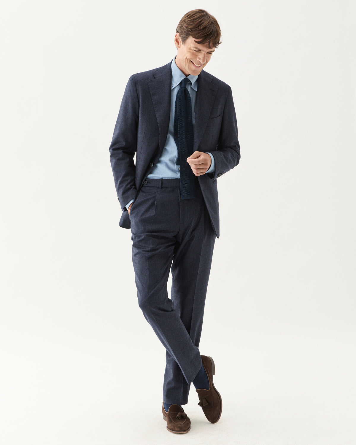 Wool Cashmere Glen Plaid Suit Navy, worn with a light blue shirt and navy tie