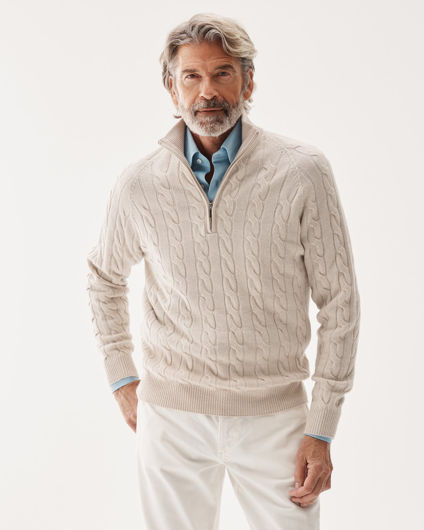 Half-Zip Cableknit Cashmere Sweater Sand