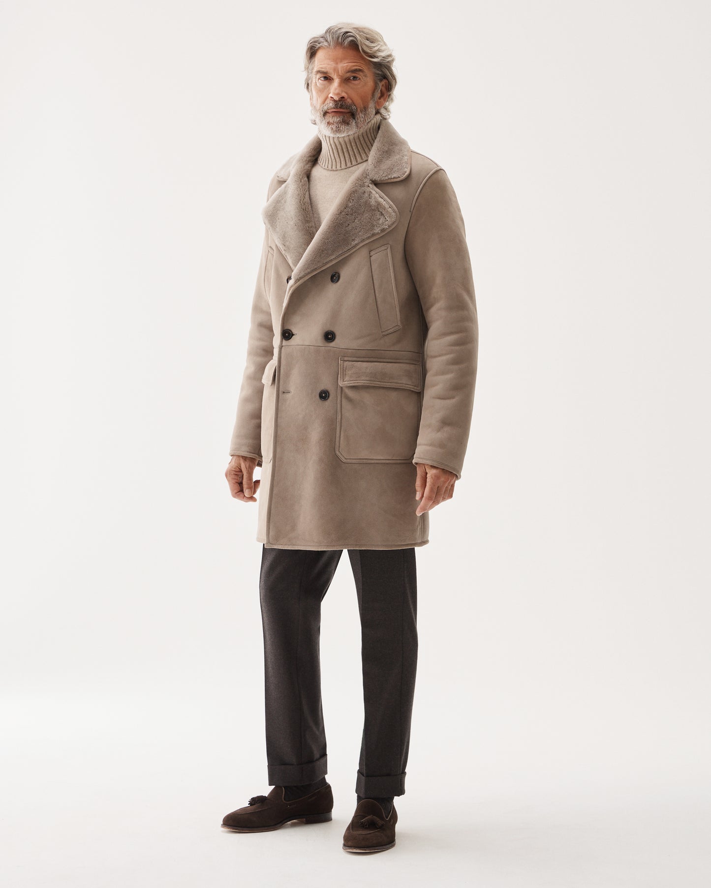 Double-Breasted Shearling Coat Taupe