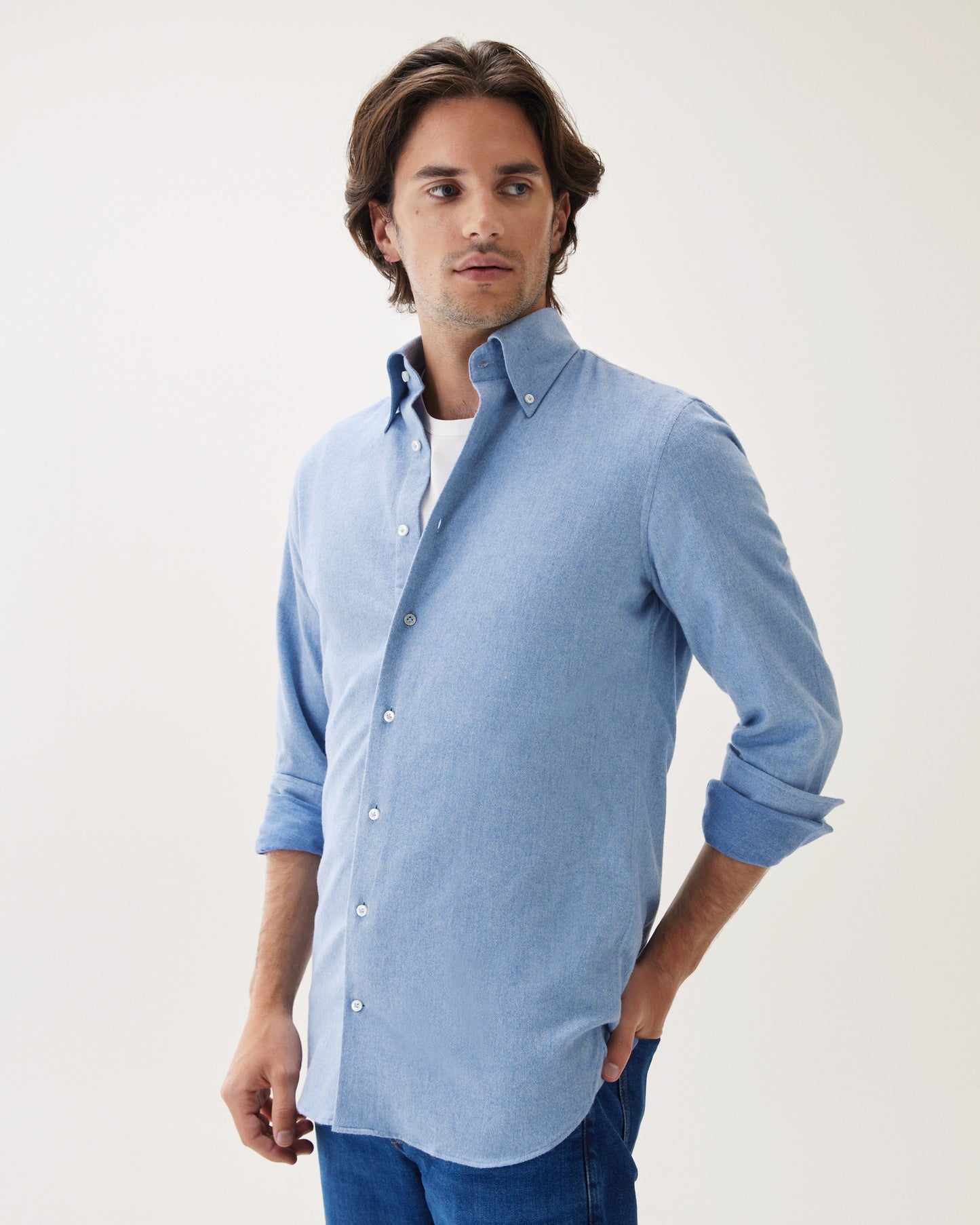 Brushed Cotton Button-Down Shirt Light Blue