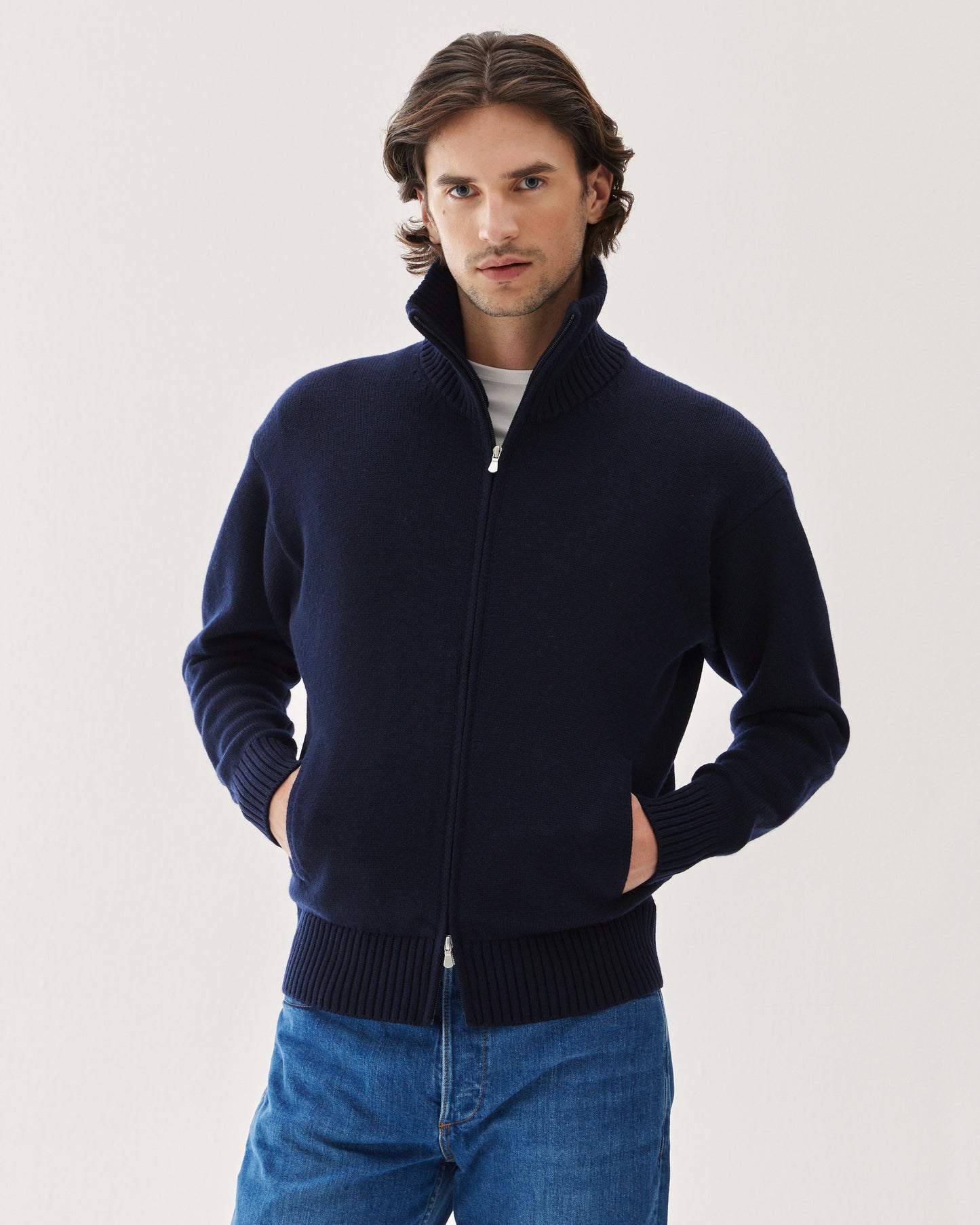 Full-Zip Wool Sweater Navy