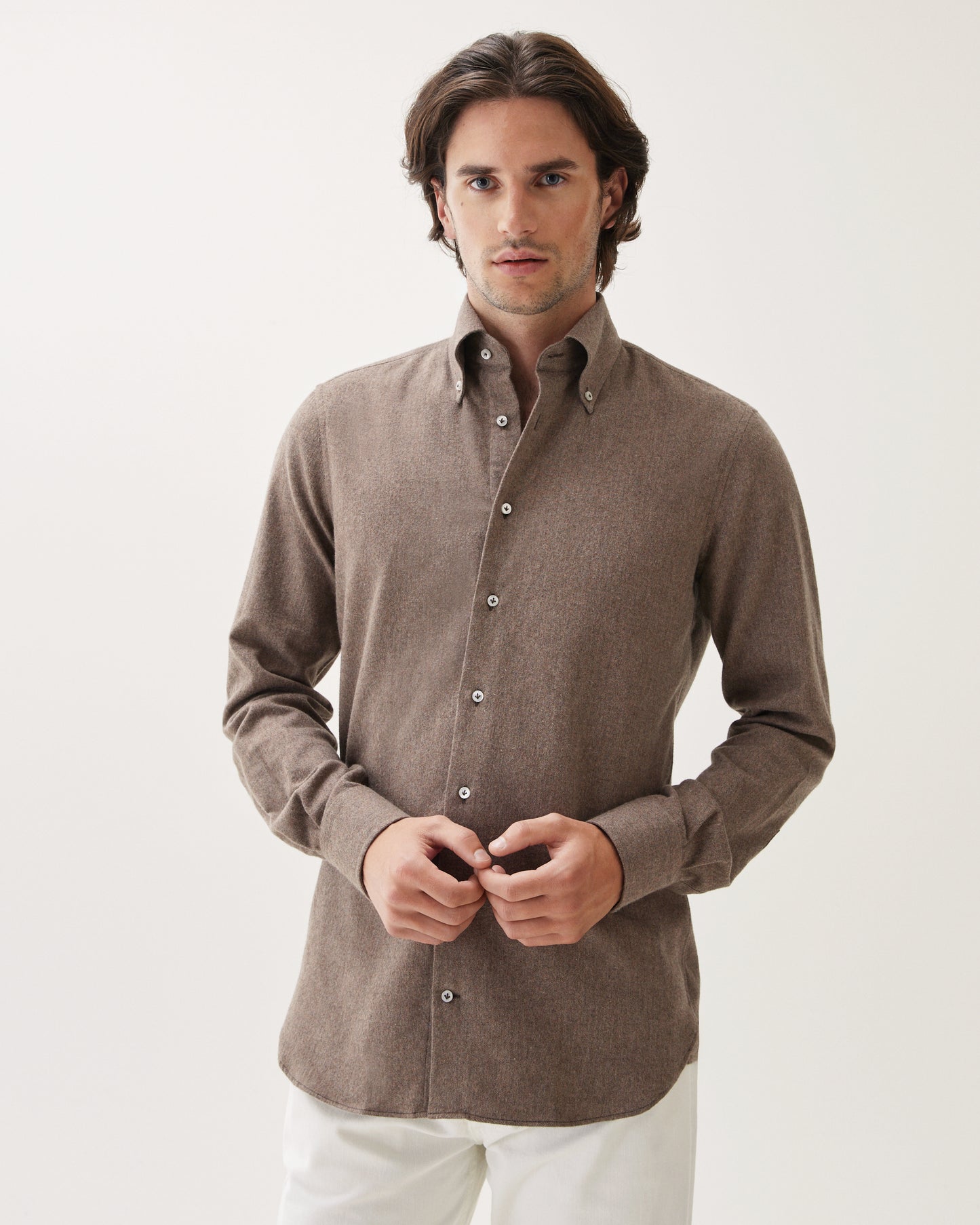 Brushed Cotton Button-Down Shirt Taupe