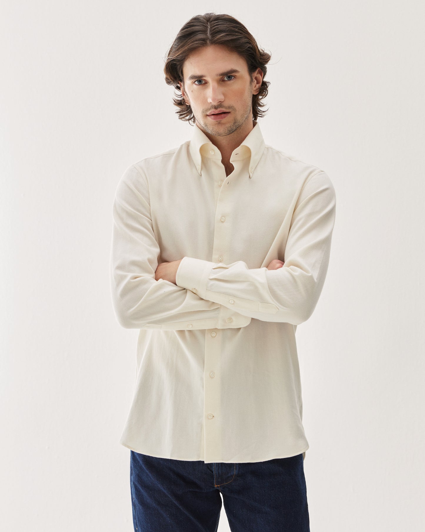 Brushed Cotton Button-Down Shirt Cream