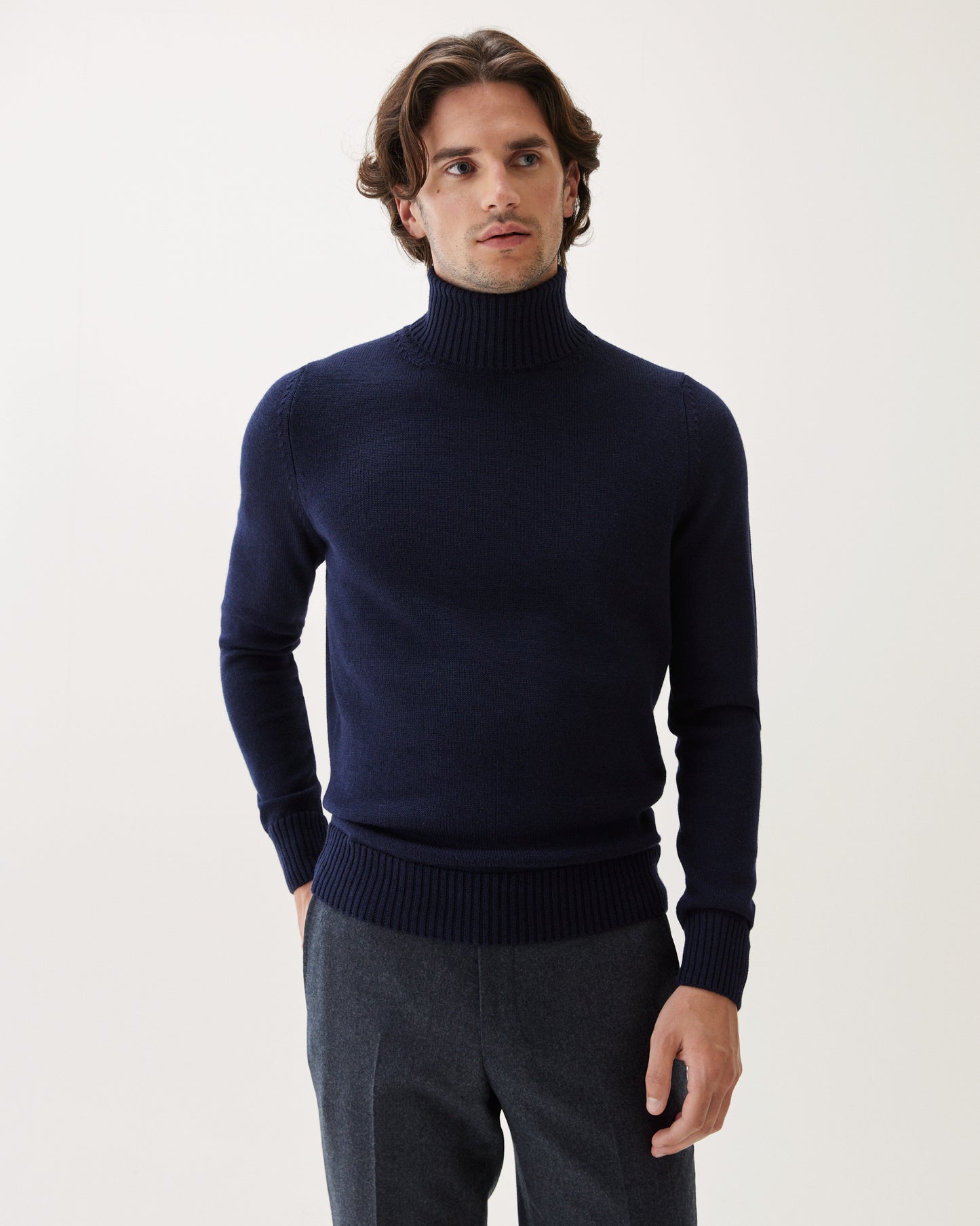 Turtleneck Wool Silk Blend Navy