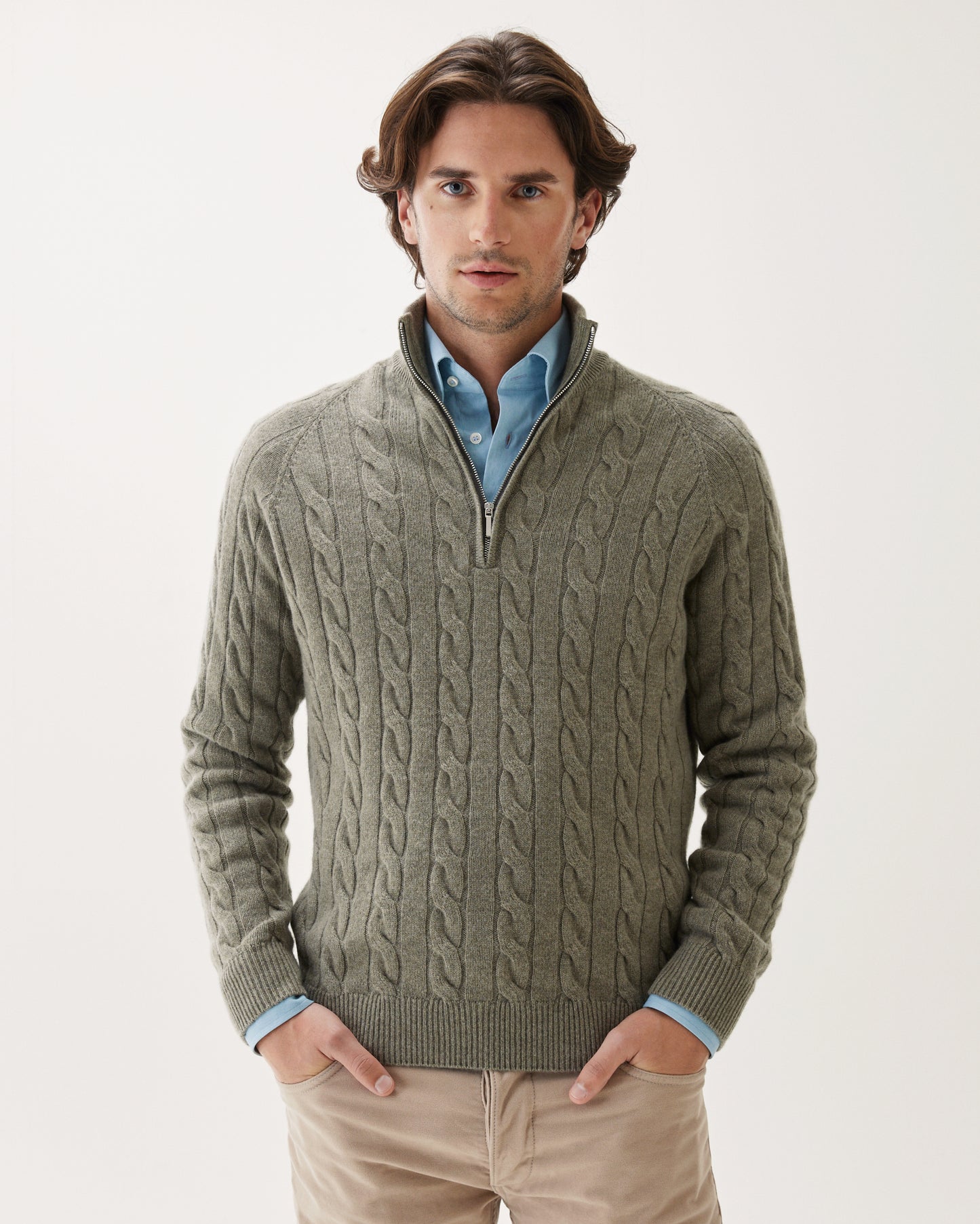 Half-Zip Cableknit Cashmere Sweater Sage Green