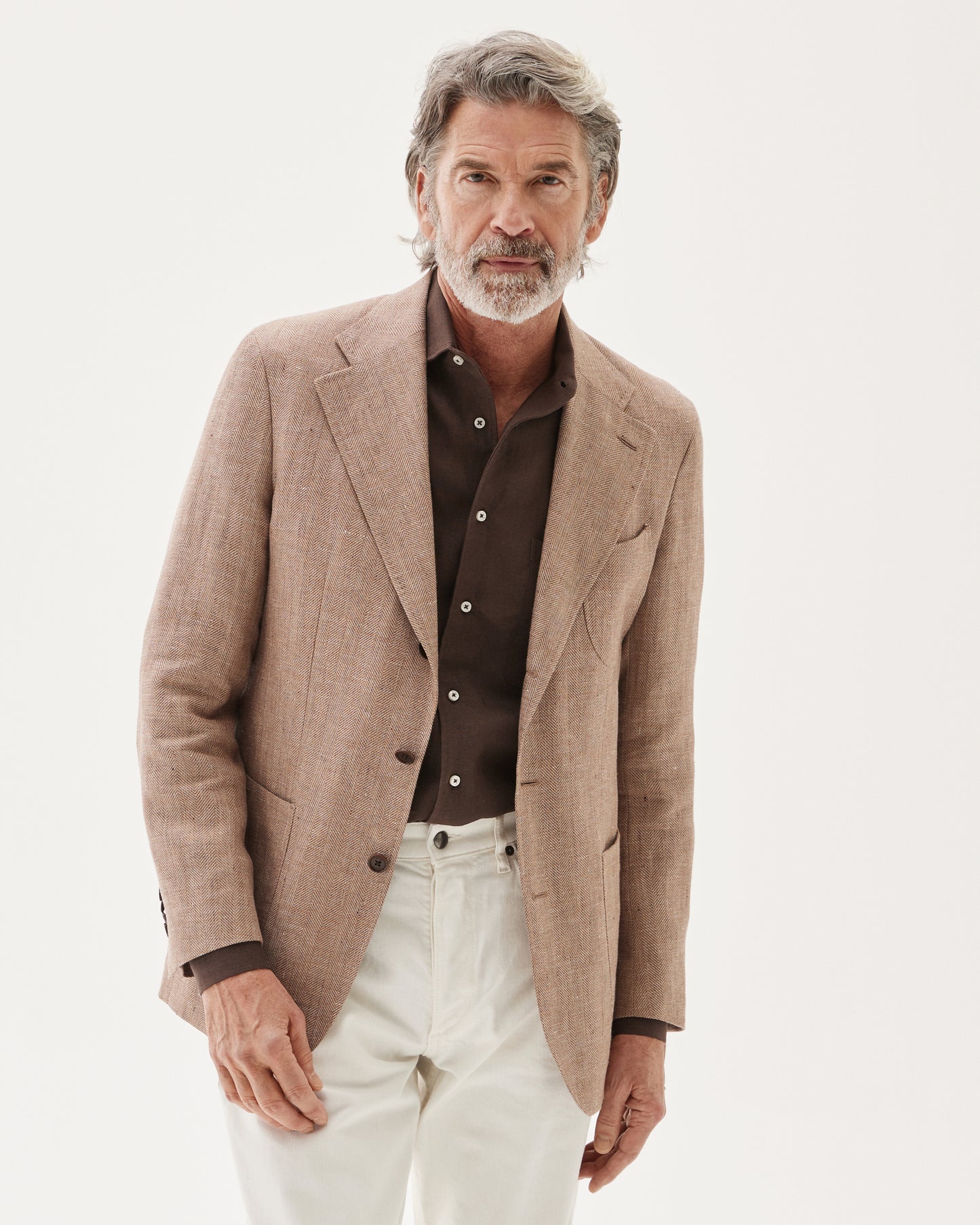 Herringbone Linen Blend Blazer Light Brown