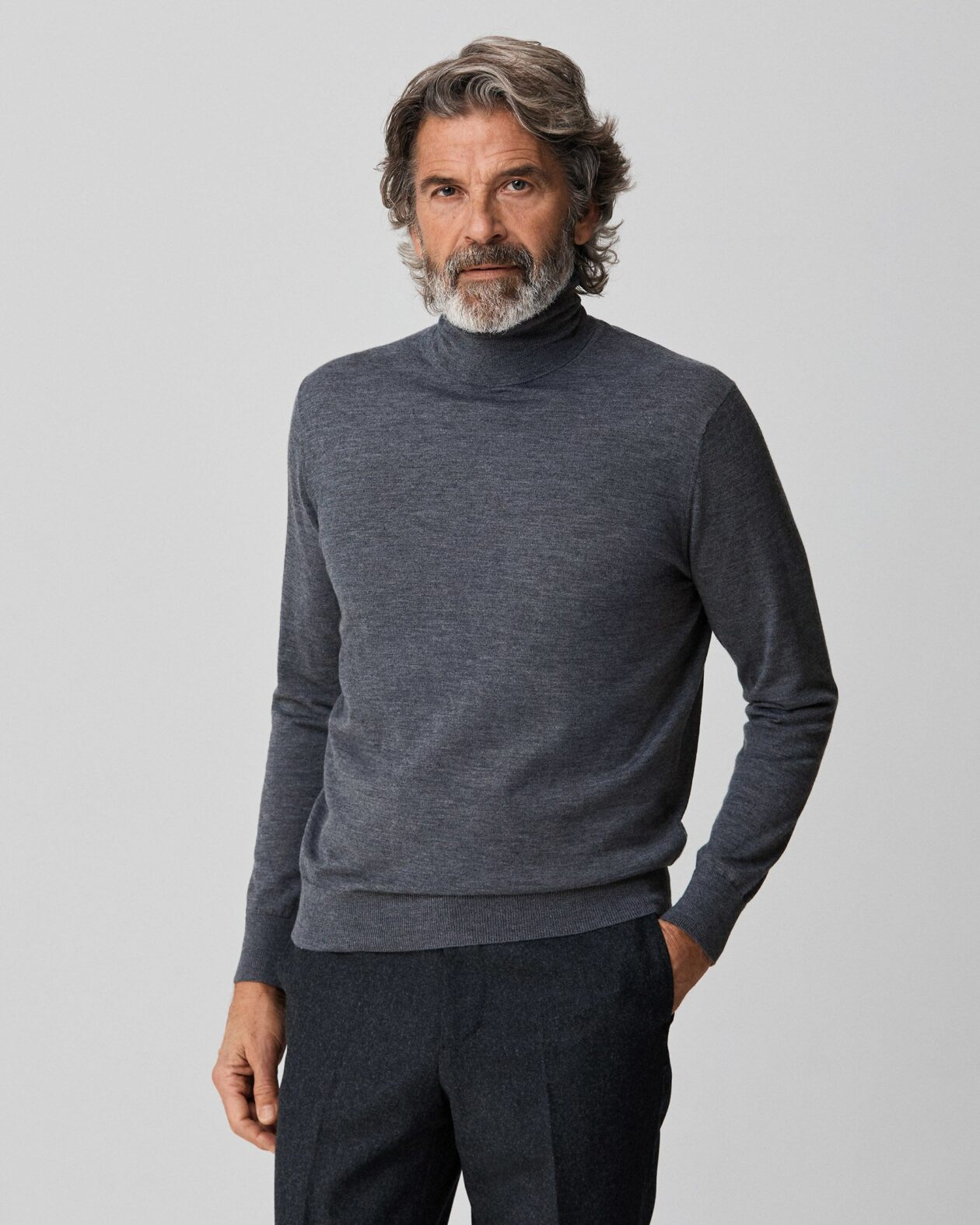 Grey Cashmere Roll Neck Sweater