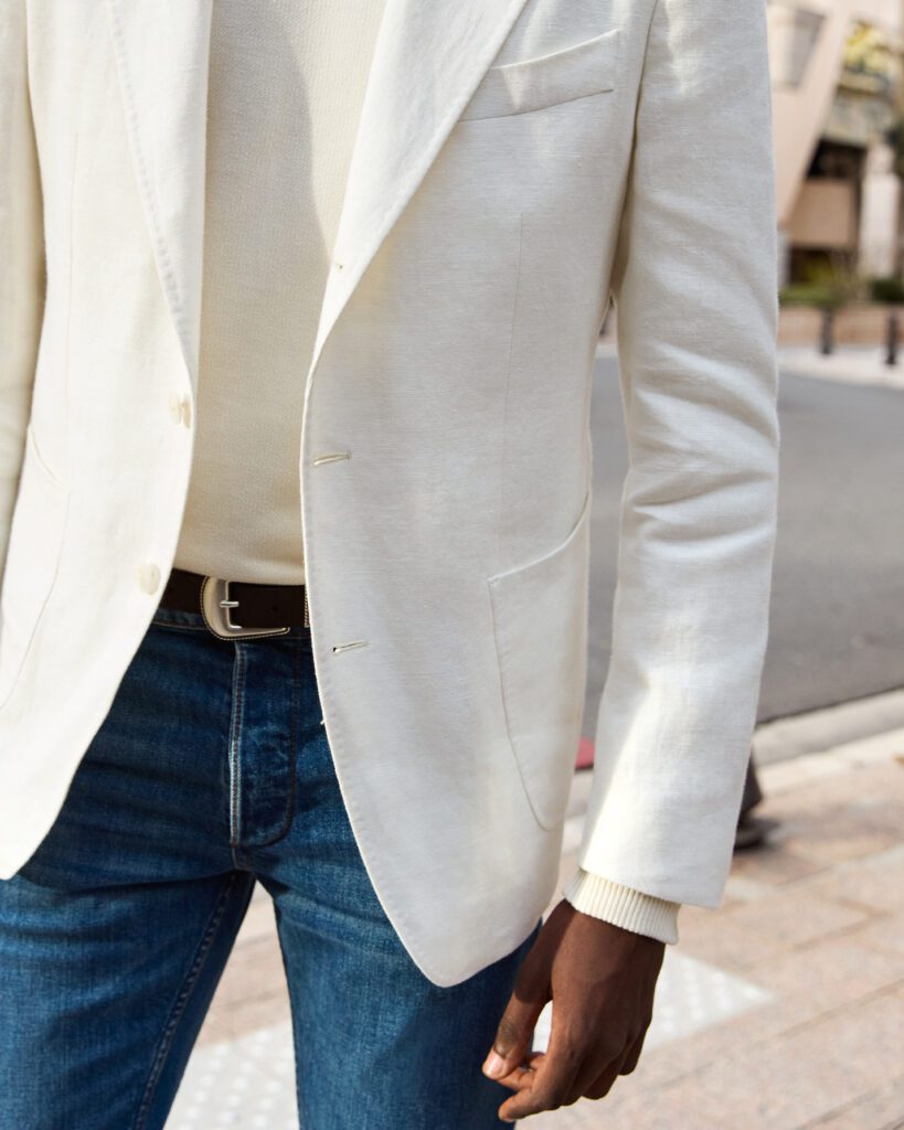 Off-white Linen Jacket with a Cream Cotton/Linen Sweater