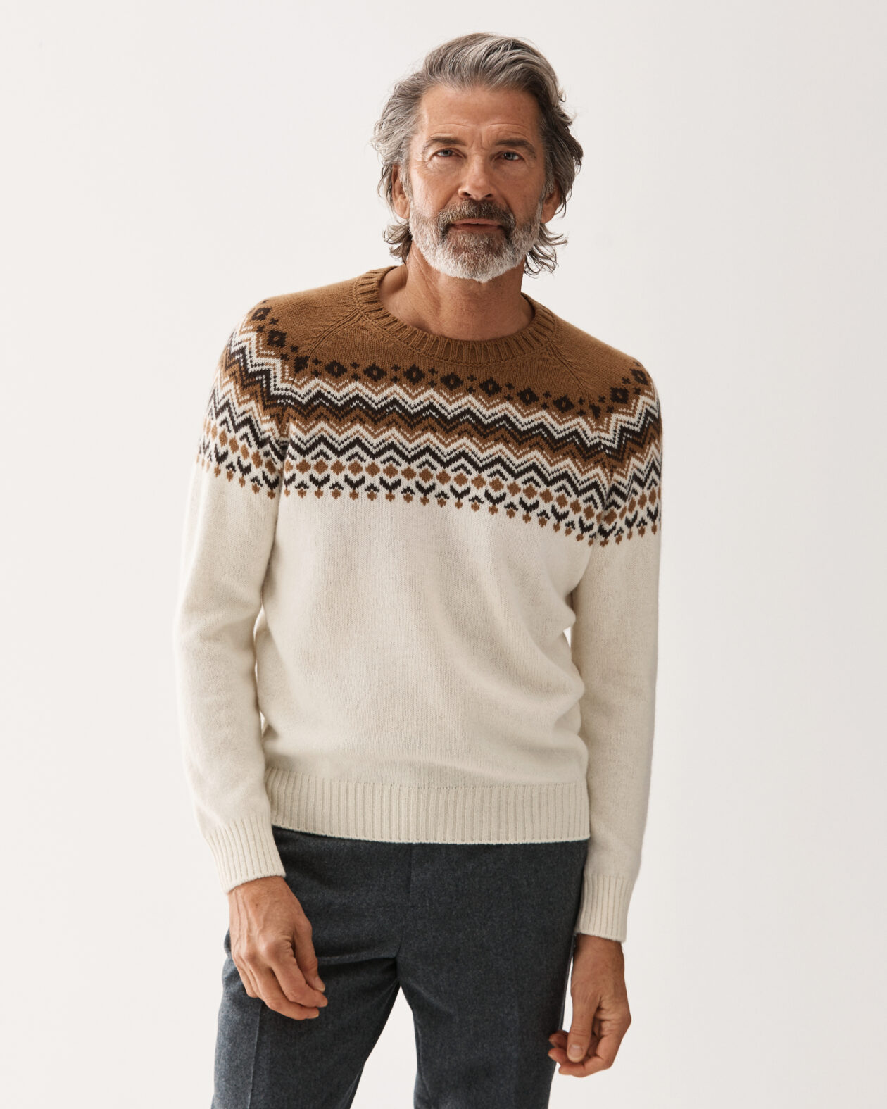 Crewneck Fair Isle Wool Sweater Camel