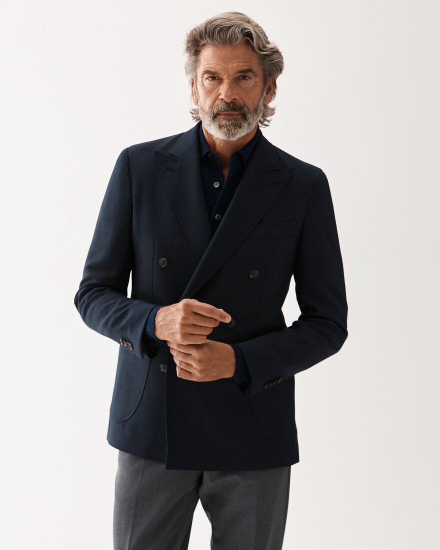 Mesh Wool Double-Breasted Jacket Navy