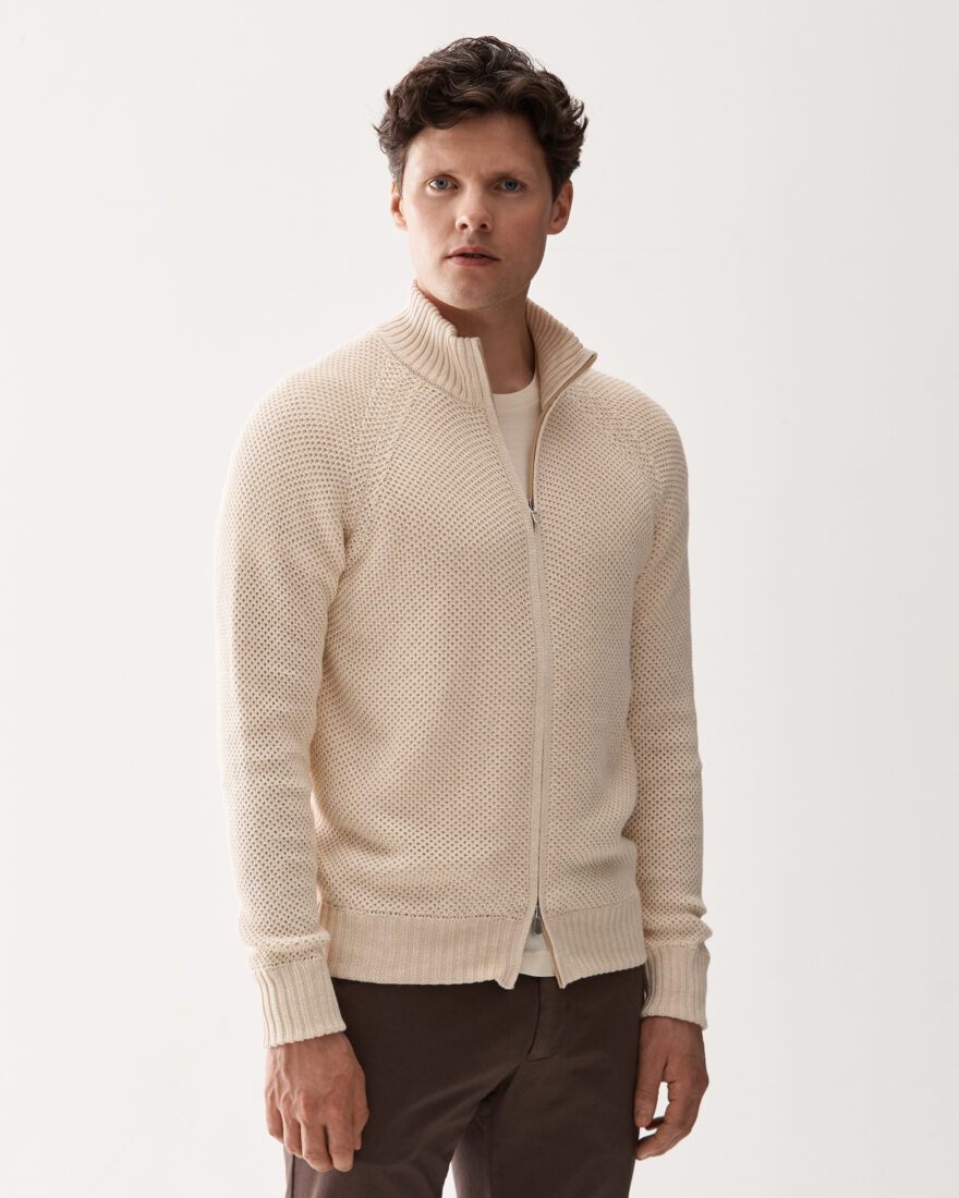 Full-Zip Waffle Knit Linen Cotton Sweater Cream
