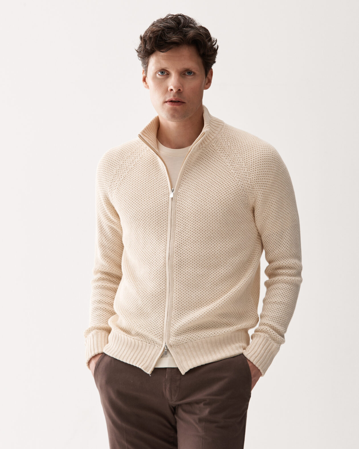 Full-Zip Waffle Knit Linen Cotton Sweater Cream