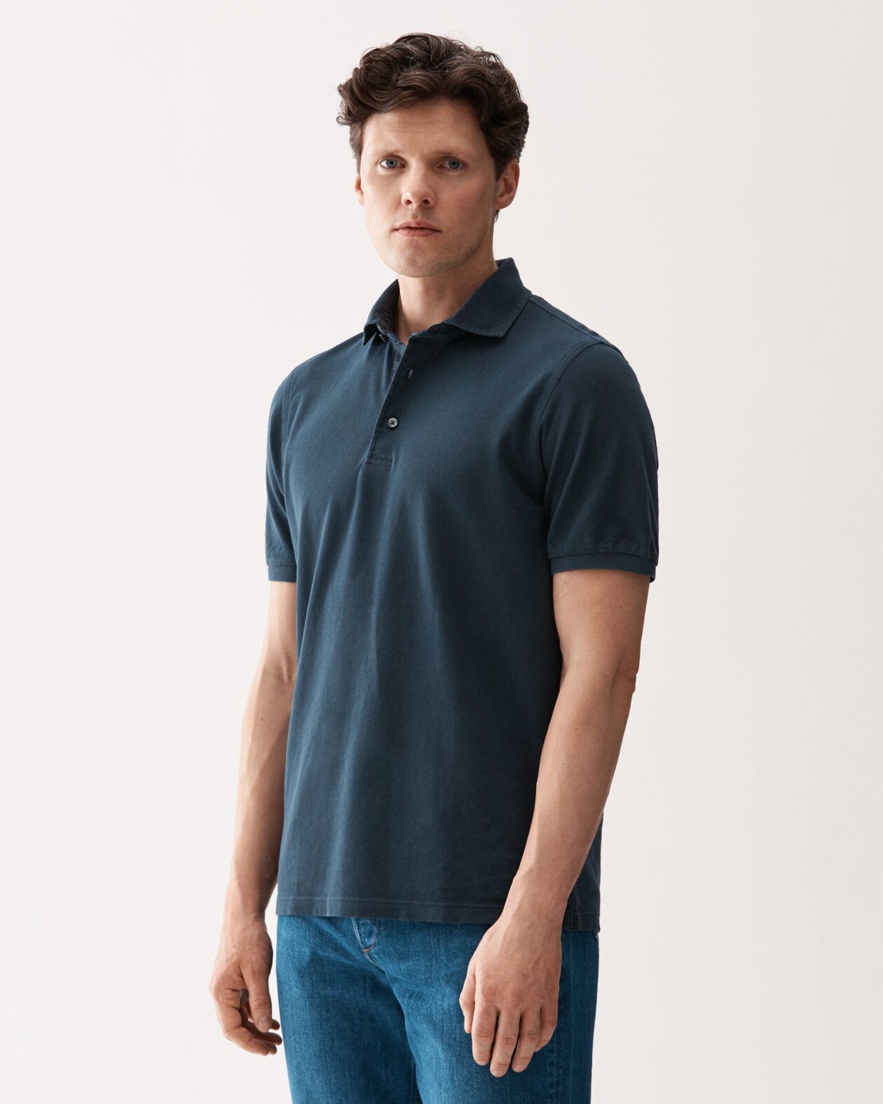 Washed Pique Cotton Polo Sweater Steel Blue