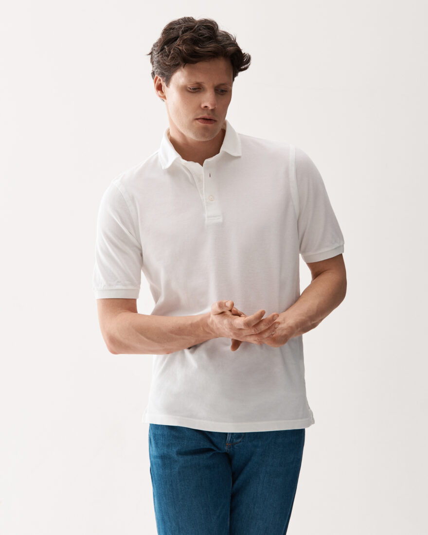 Washed Pique Cotton Polo Sweater White