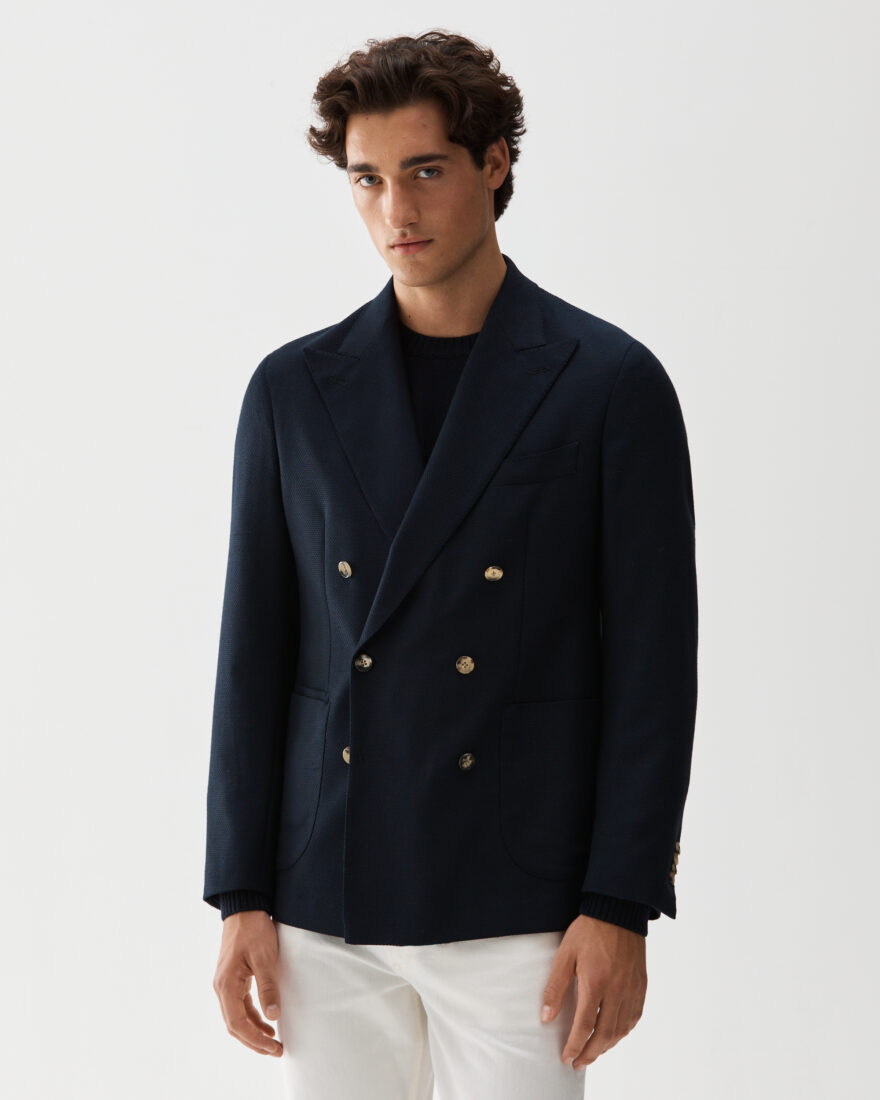 Double-Breasted Mesh Silk Wool Jacket Navy