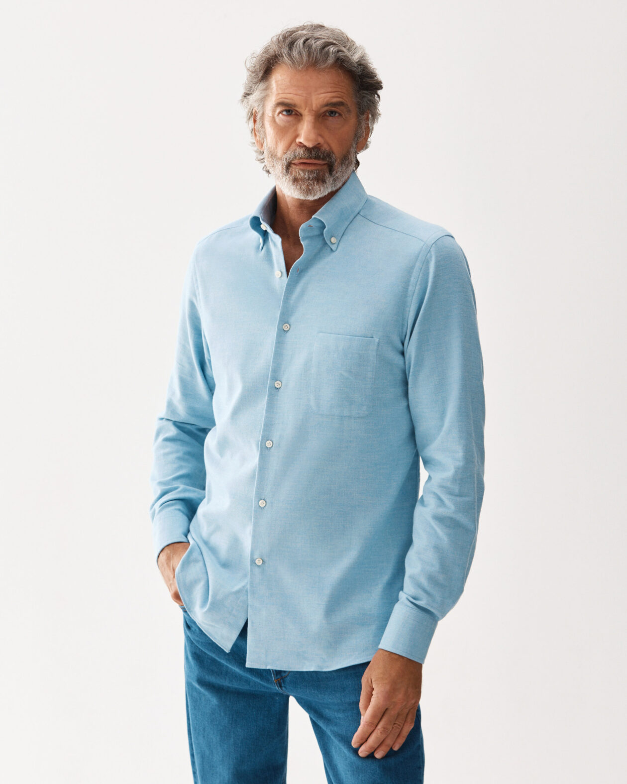 Brushed Cotton Button-Down Shirt Light Blue