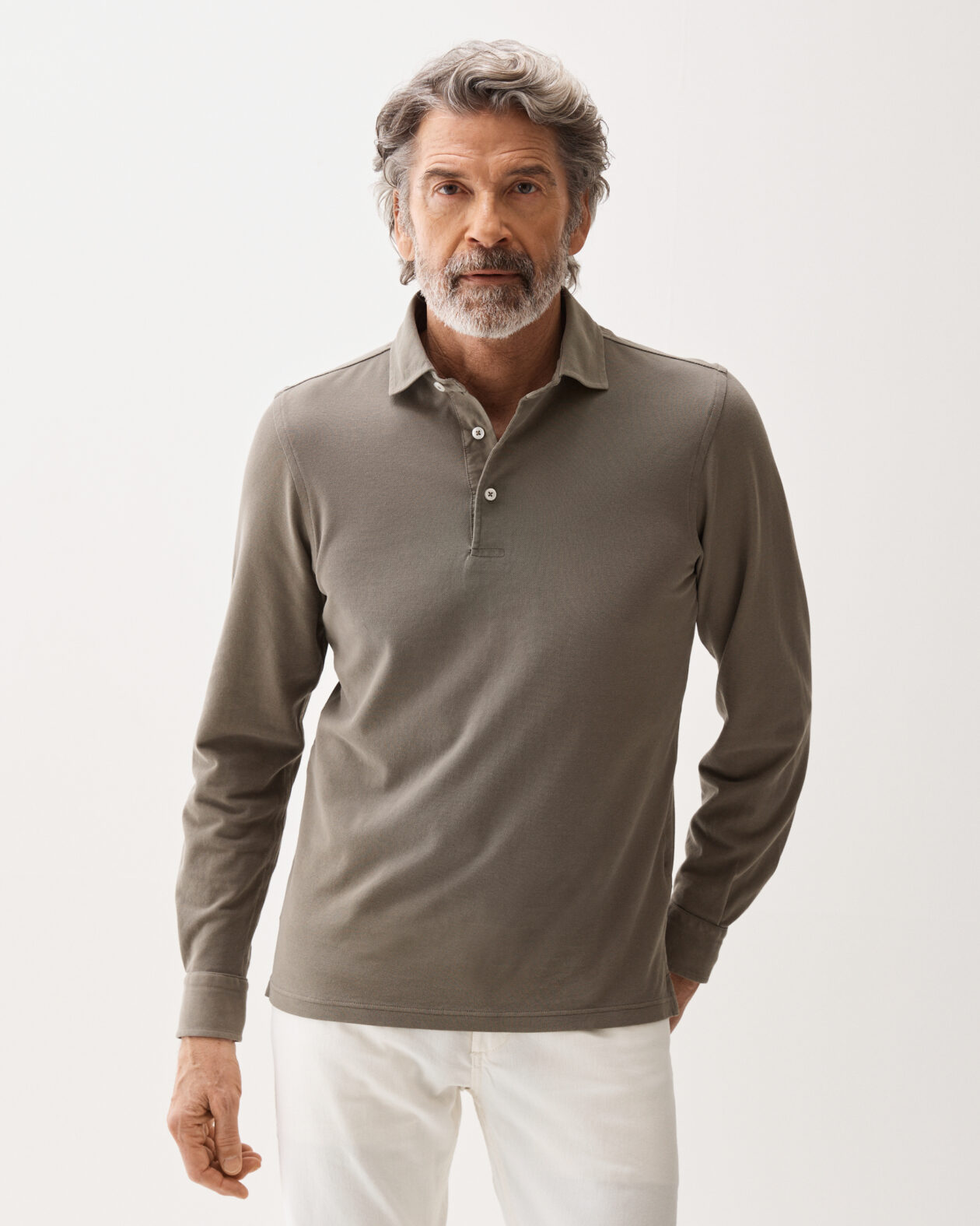 Cotton Long Sleeve Polo Shirt Khaki